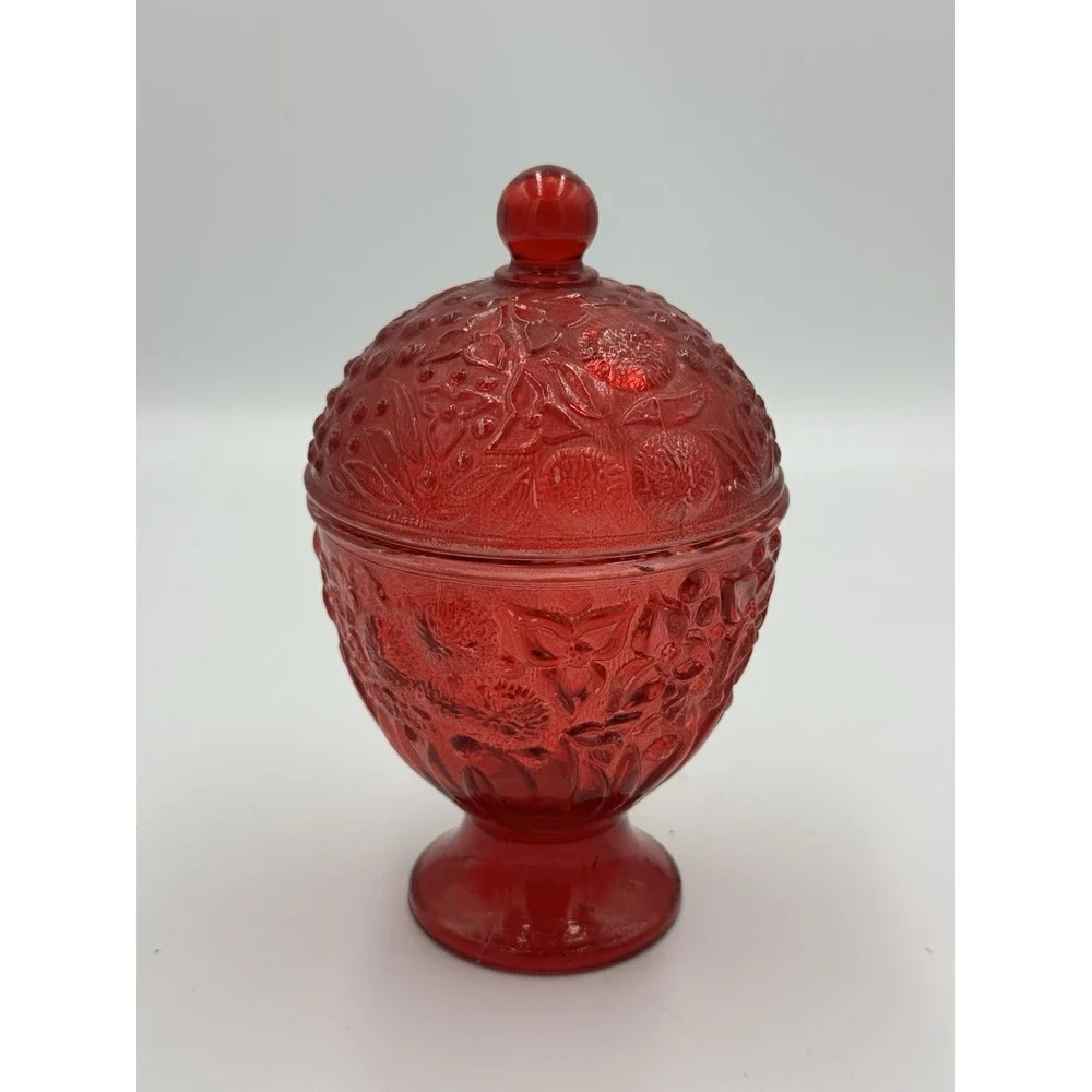 Vintage Avon Ruby Red Embossed Floral Candy Dish with Lid